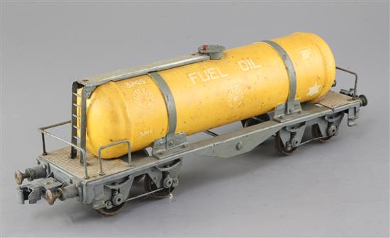 A Gauge 1 fuel oil bogie tanker wagon, orange/grey with auto coupling, no.3245